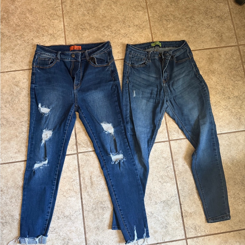 PAIR (2) Dark Wax Jean Women's Blue Distressed Skinny Jeans